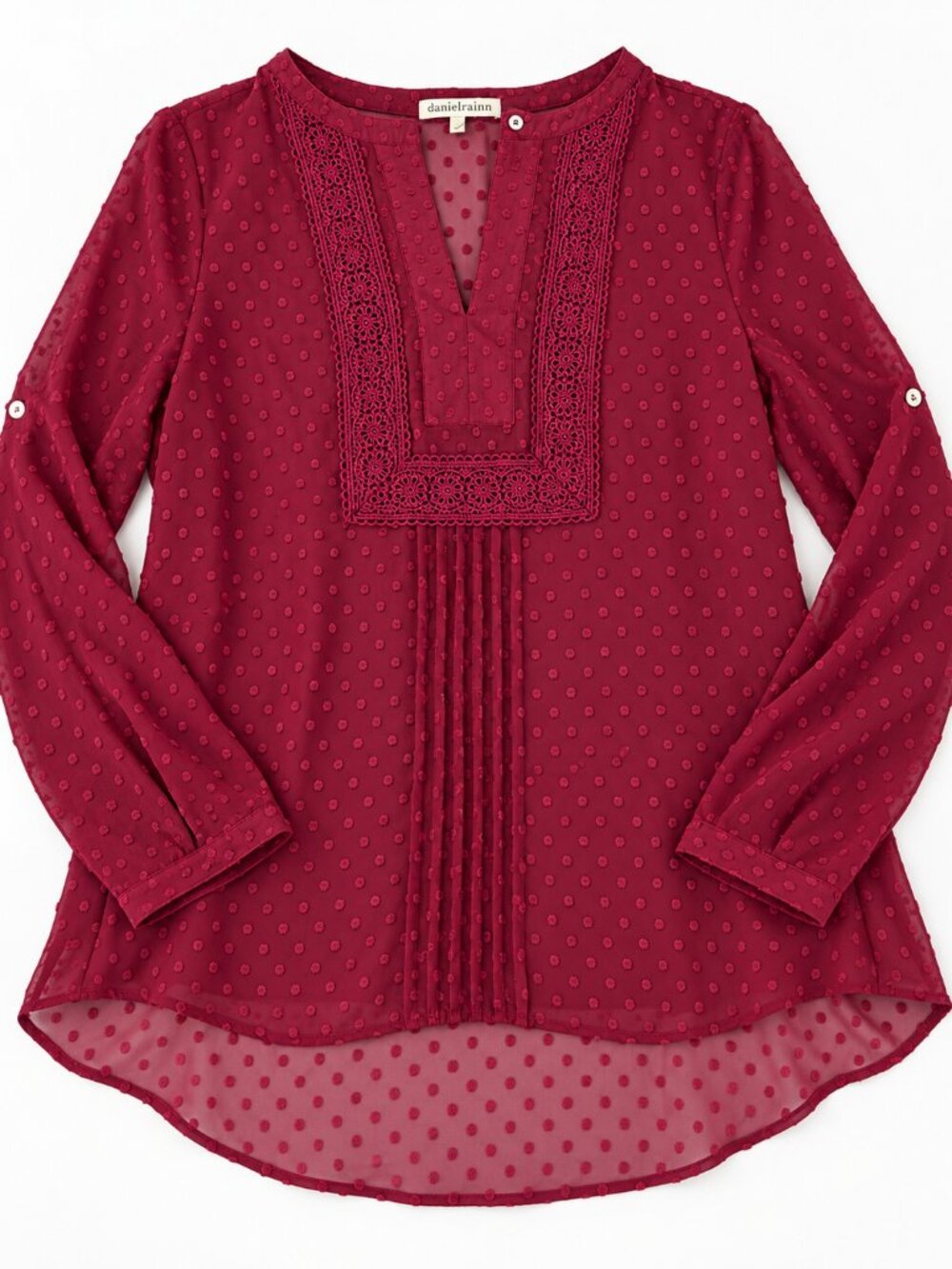 Daniel Rainn Burgundy Swiss Dot Lace Pintuck Blouse Small